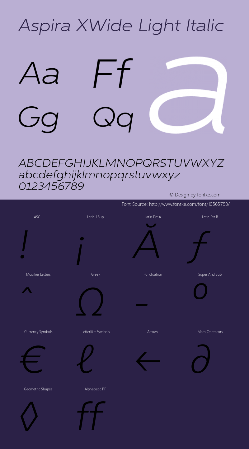 Aspira XWide Light Italic Version 1.05          UltraPrecision Font Font Sample