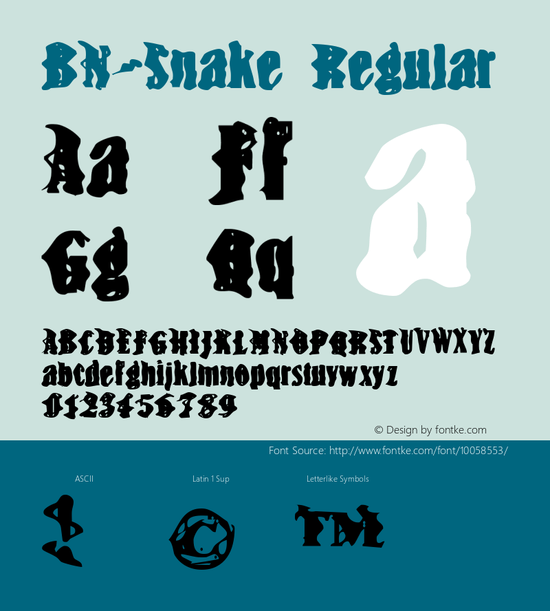 BN-Snake Regular 1999; 1.0, initial release Font Sample