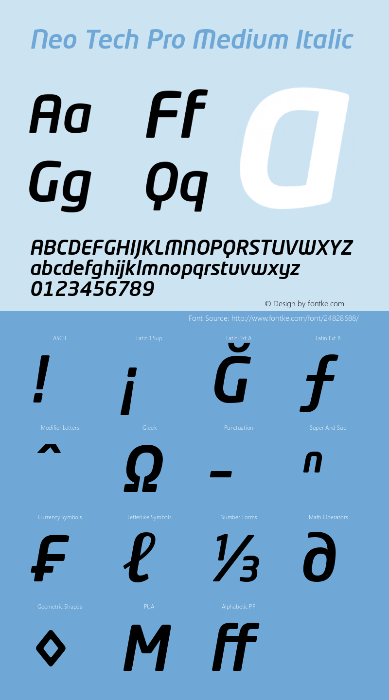 Neo Tech Pro Medium Italic Version 1.059 2012 Font Sample