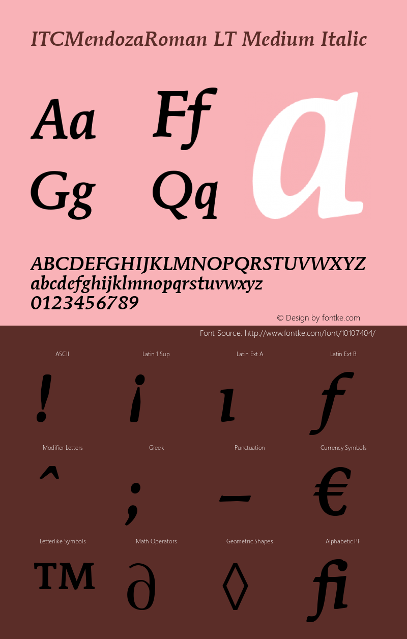 ITCMendozaRoman LT Medium Italic Version 6.1; 2002 Font Sample