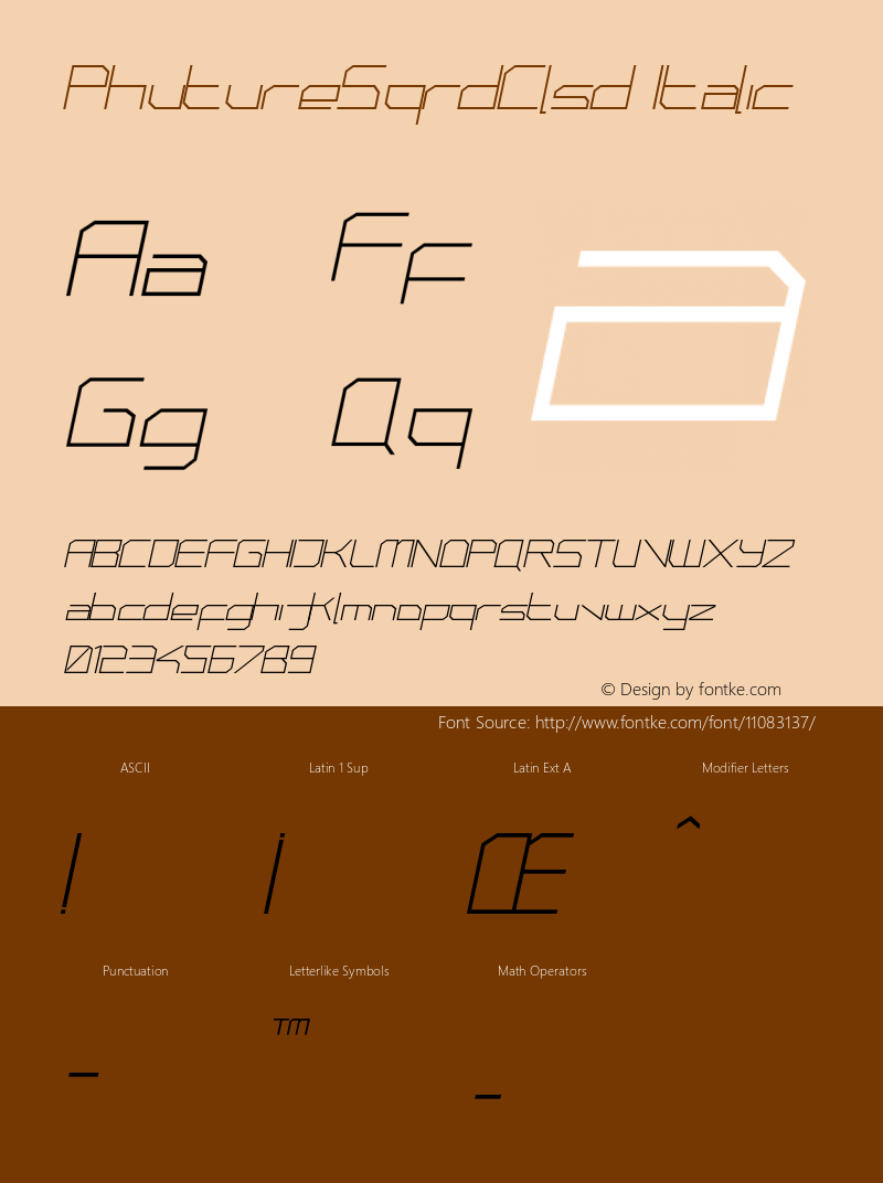 PhutureSqrdClsd Italic Version 001.000 Font Sample