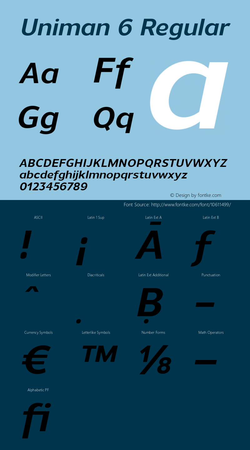 Uniman 6 Regular Version 1.001;PS 001.001;hotconv 1.0.56;makeotf.lib2.0.21325;com.myfonts.northernblock.uniman.bold-italic.wfkit2.3RFs Font Sample