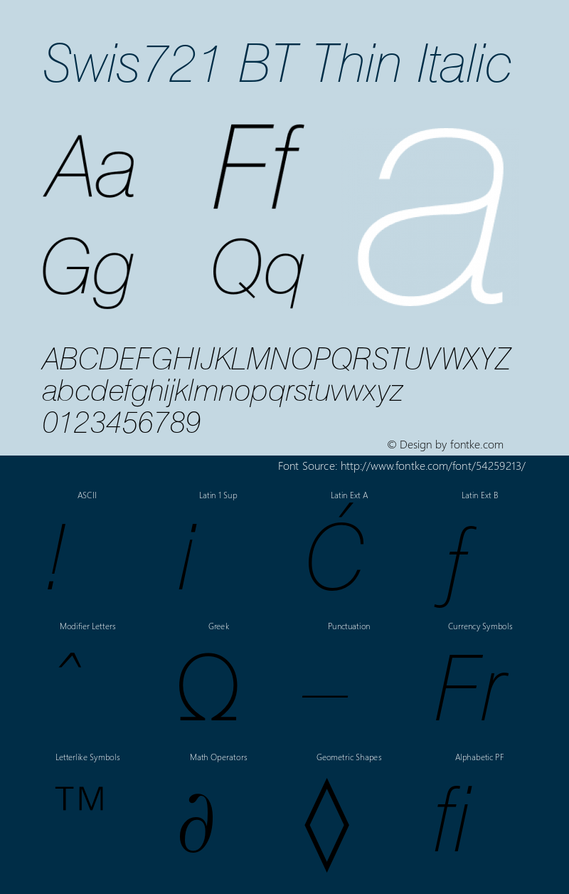 Swis721BT-ThinItalic Version 1.10 Font Sample