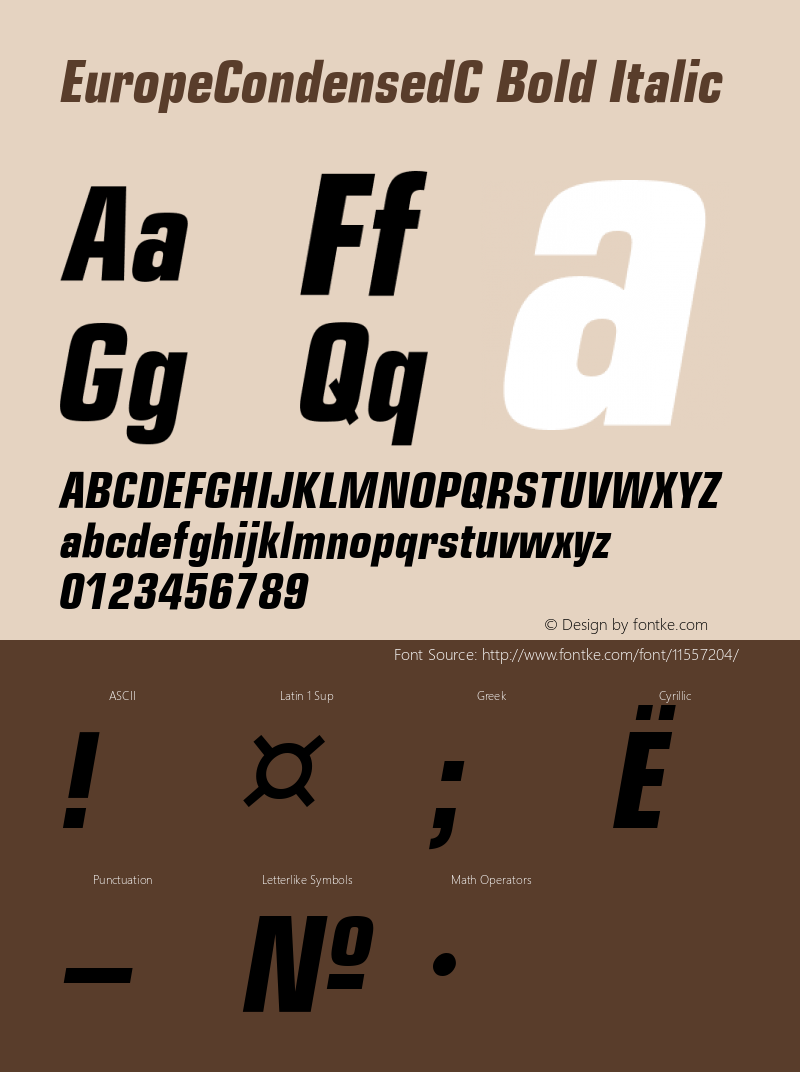 EuropeCondensedC Bold Italic Version 001.001 Font Sample