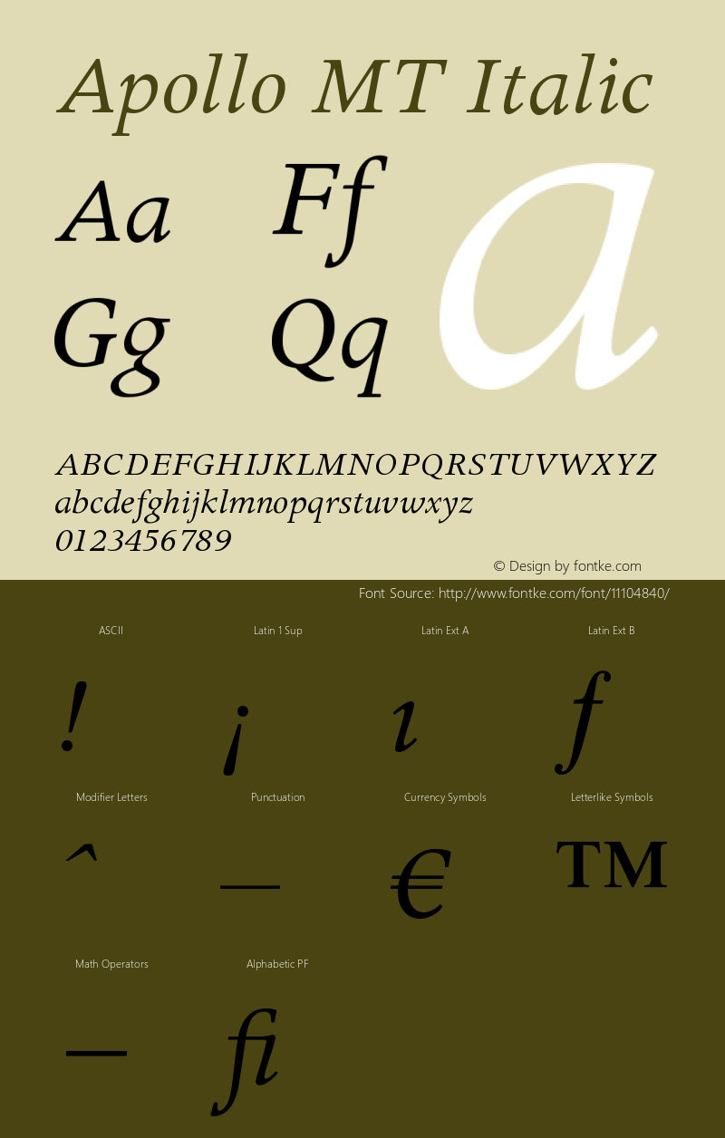 Apollo MT Italic Version 001.000 Font Sample