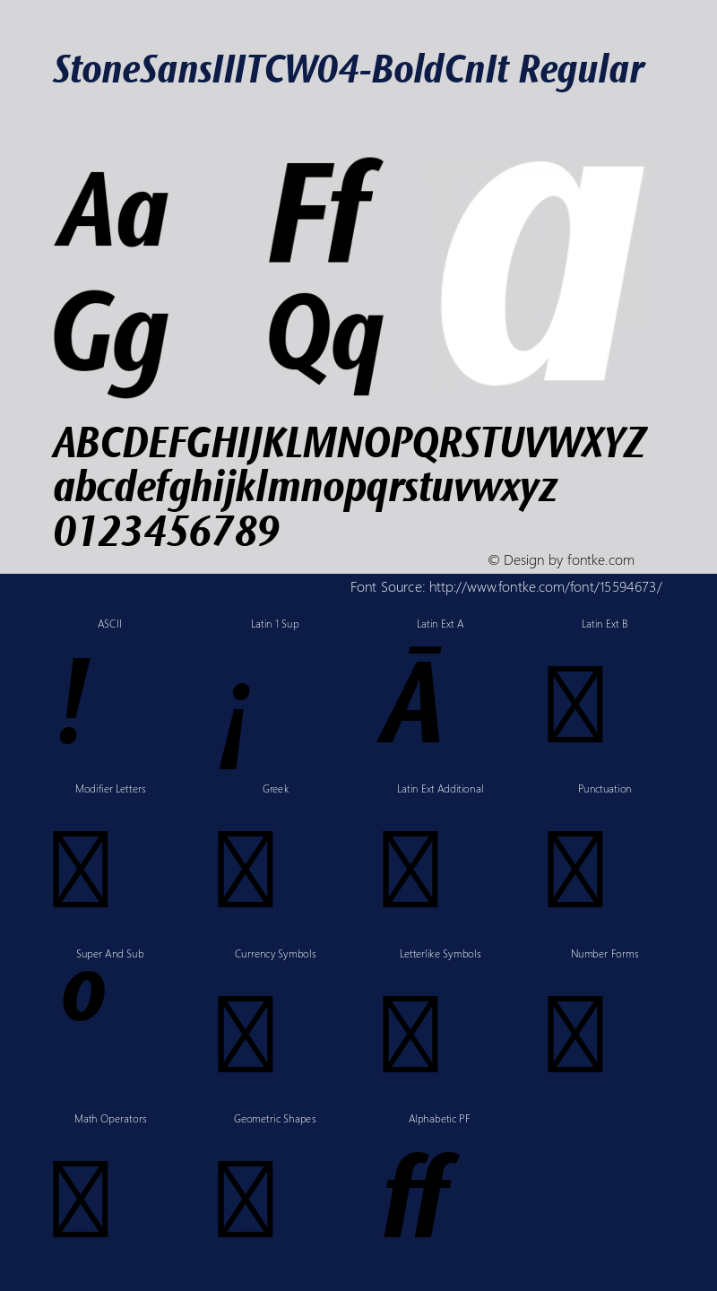 StoneSansIIITCW04-BoldCnIt Regular Version 1.00 Font Sample