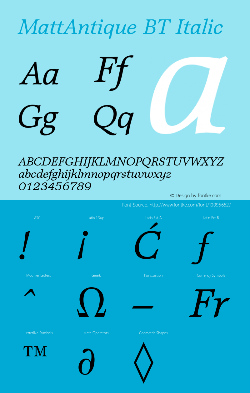 MattAntique BT Italic Version 2.001 mfgpctt 4.4 Font Sample