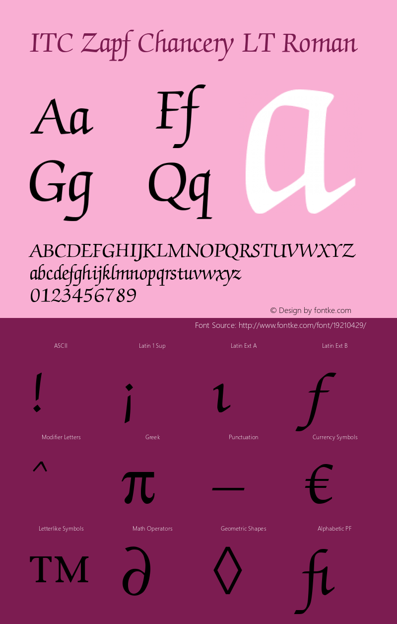 ITC Zapf Chancery LT Roman Version 006.000 Font Sample