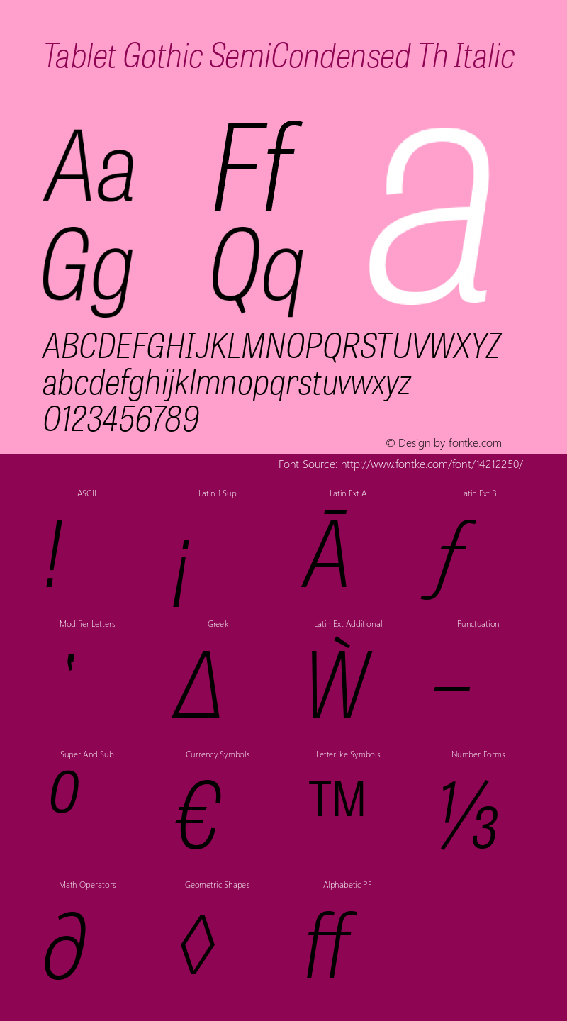 Tablet Gothic SemiCondensed Th Italic Version 1.000 Font Sample