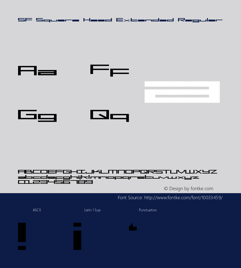 SF Square Head Extended Regular ver 1.0; 1999. Freeware for non-commercial use. Font Sample