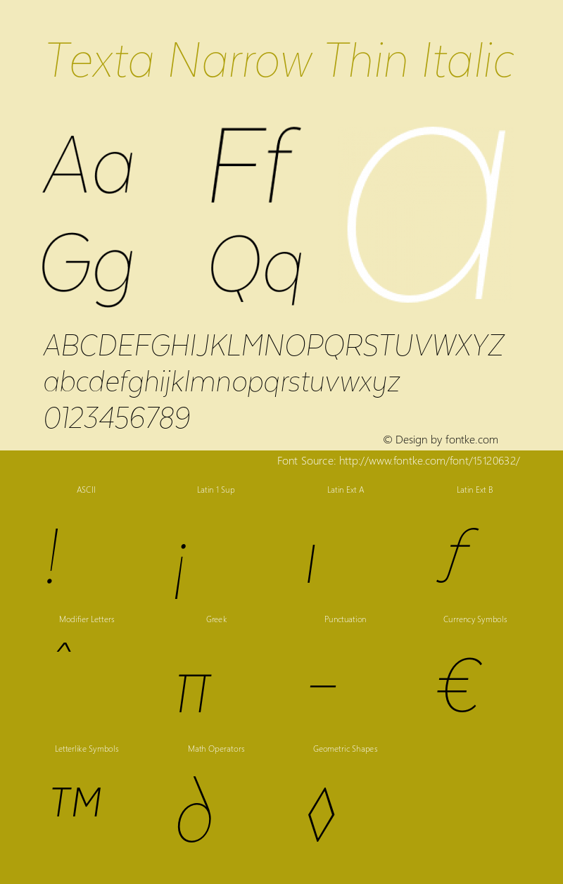 Texta Narrow Thin Italic Version 1.005 Font Sample