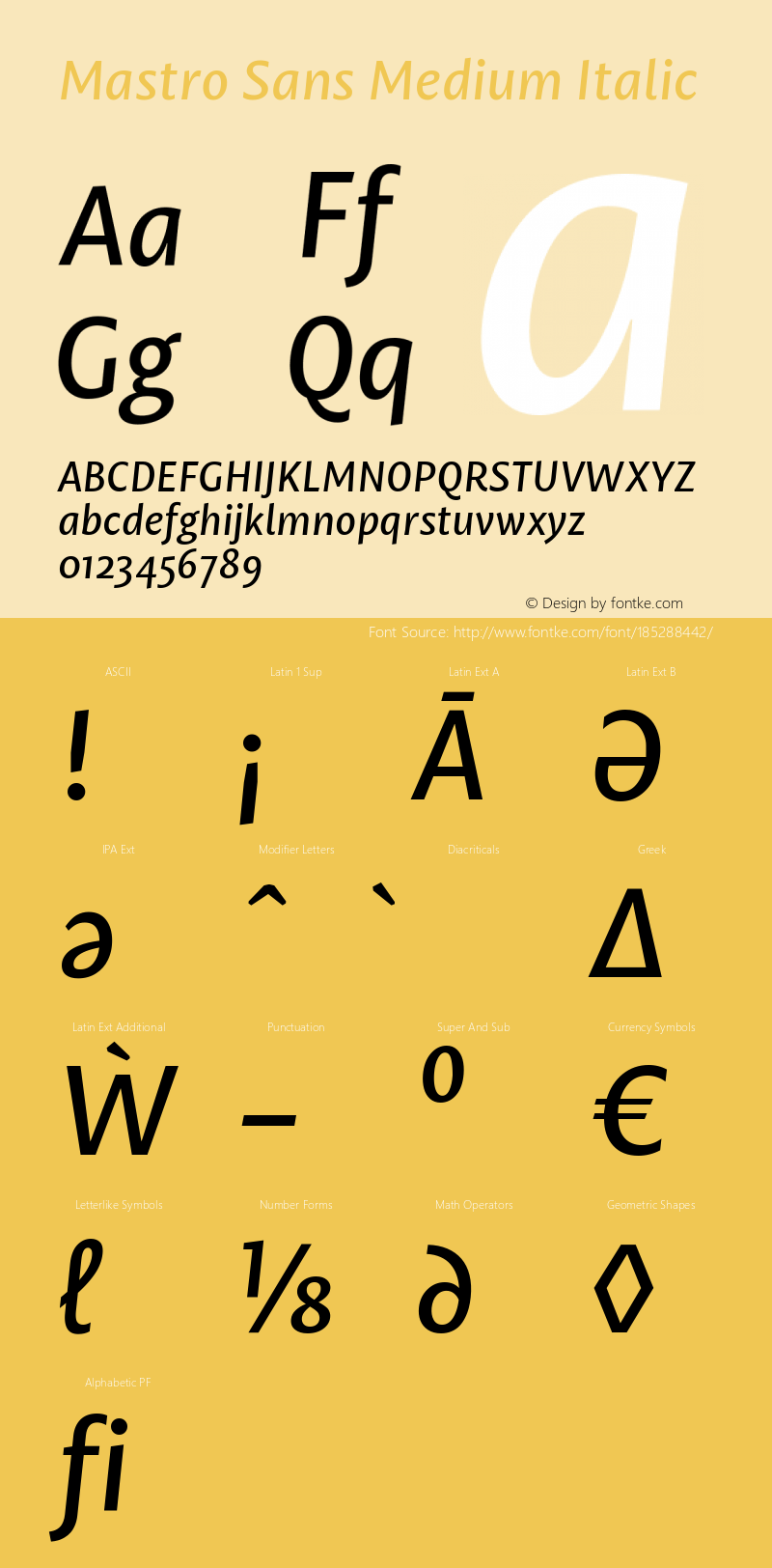 Mastro Sans Medium Italic Version 1.000;PS 001.000;hotconv 1.0.88;makeotf.lib2.5.64775图片样张