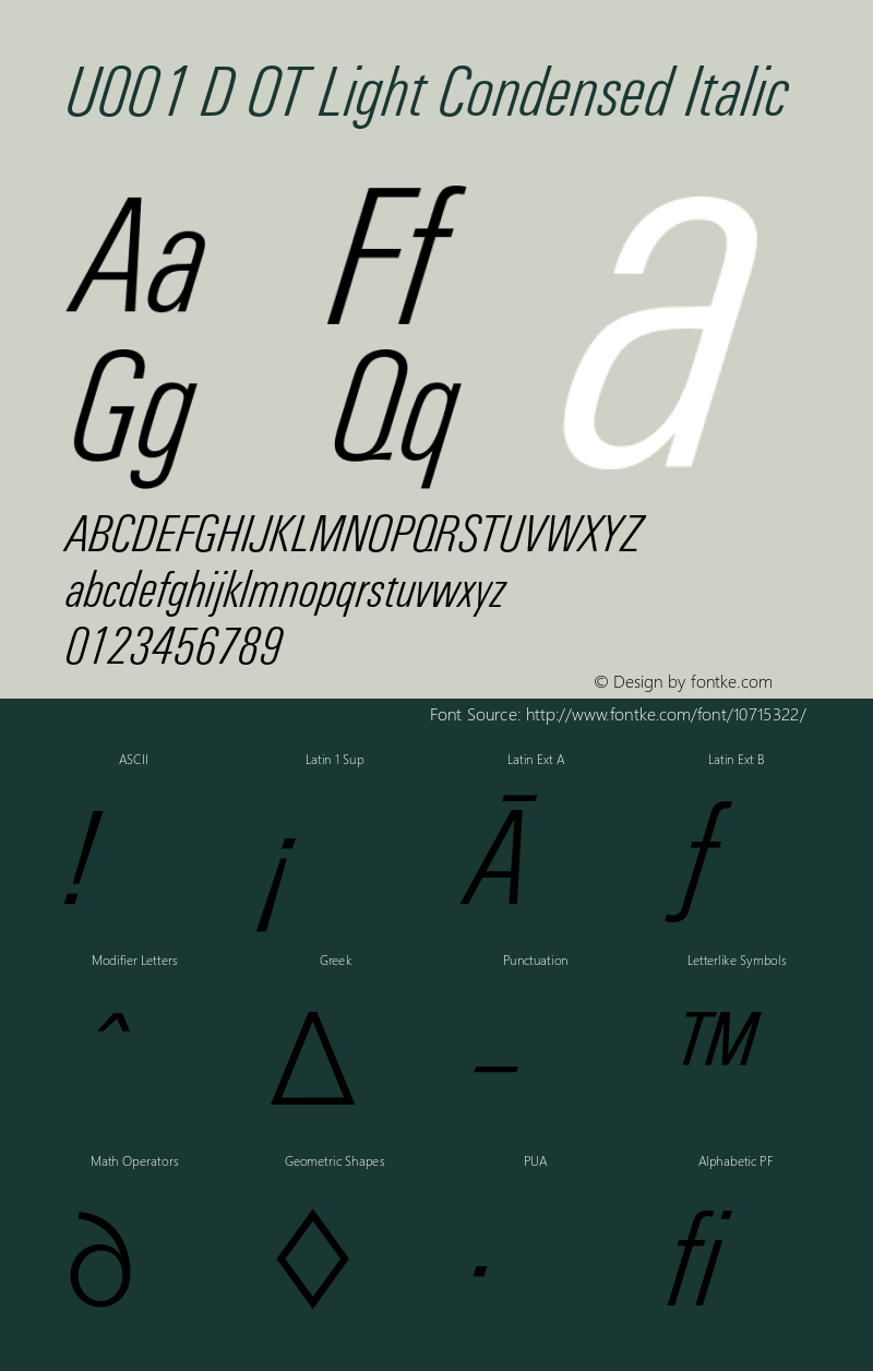 U001 D OT Light Condensed Italic OTF 1.001;PS 1.05;Core 1.0.27;makeotf.lib(1.11) Font Sample