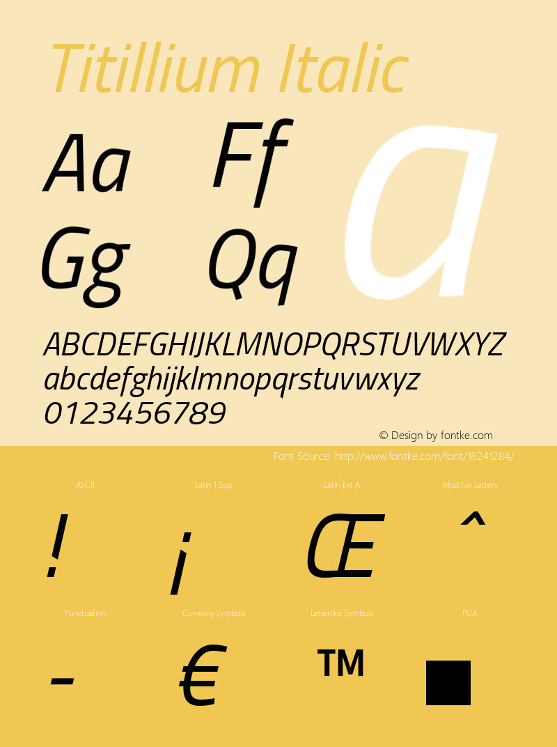 Titillium Italic Version 1.000;PS 57.000;hotconv 1.0.70;makeotf.lib2.5.55311 Font Sample