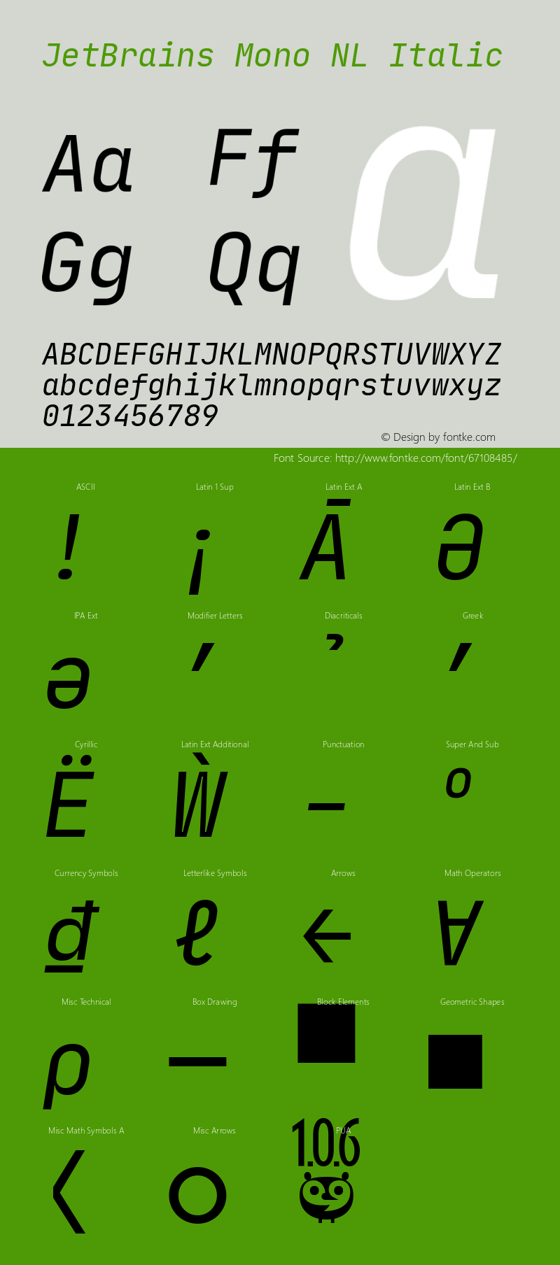 JetBrains Mono NL Italic Version 1.0.6 Font Sample