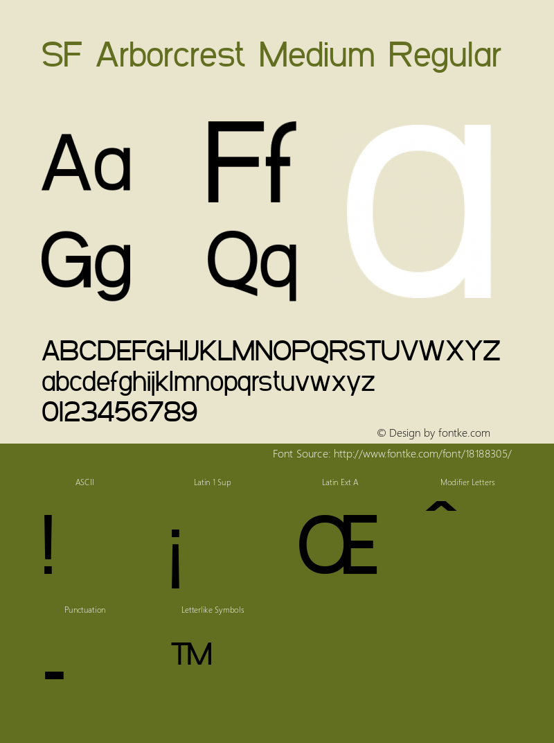 SF Arborcrest Medium Regular ver 1.0; 1999. Freeware for non-commercial use. Font Sample