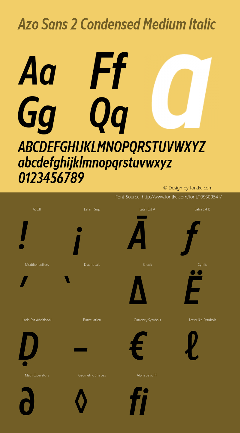 Azo Sans 2 Condensed Medium Italic Version 2.001 Font Sample
