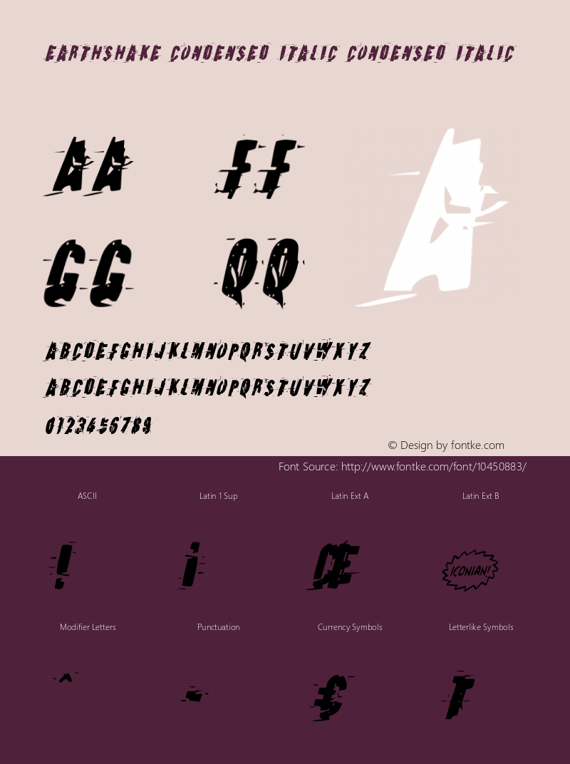 Earthshake Condensed Italic Condensed Italic Version 1.0; 2012 Font Sample