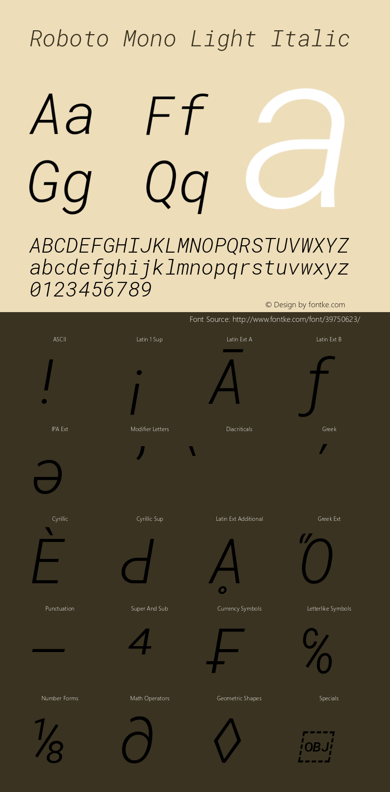 Roboto Mono Light Italic Version 2.000985; 2015; ttfautohint (v1.3) Font Sample