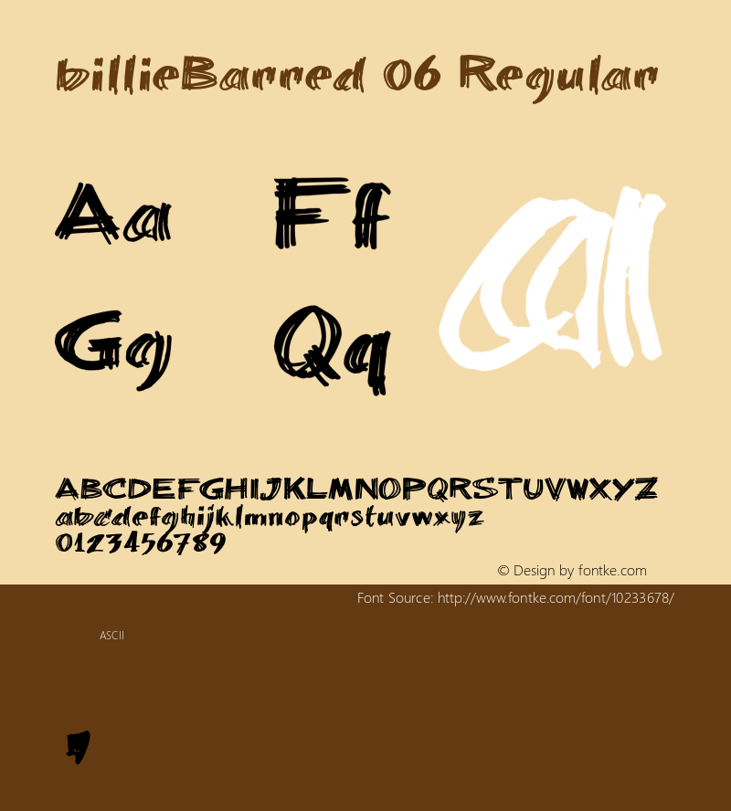 billieBarred 06 Regular Macromedia Fontographer 4.1 6-1-01 Font Sample