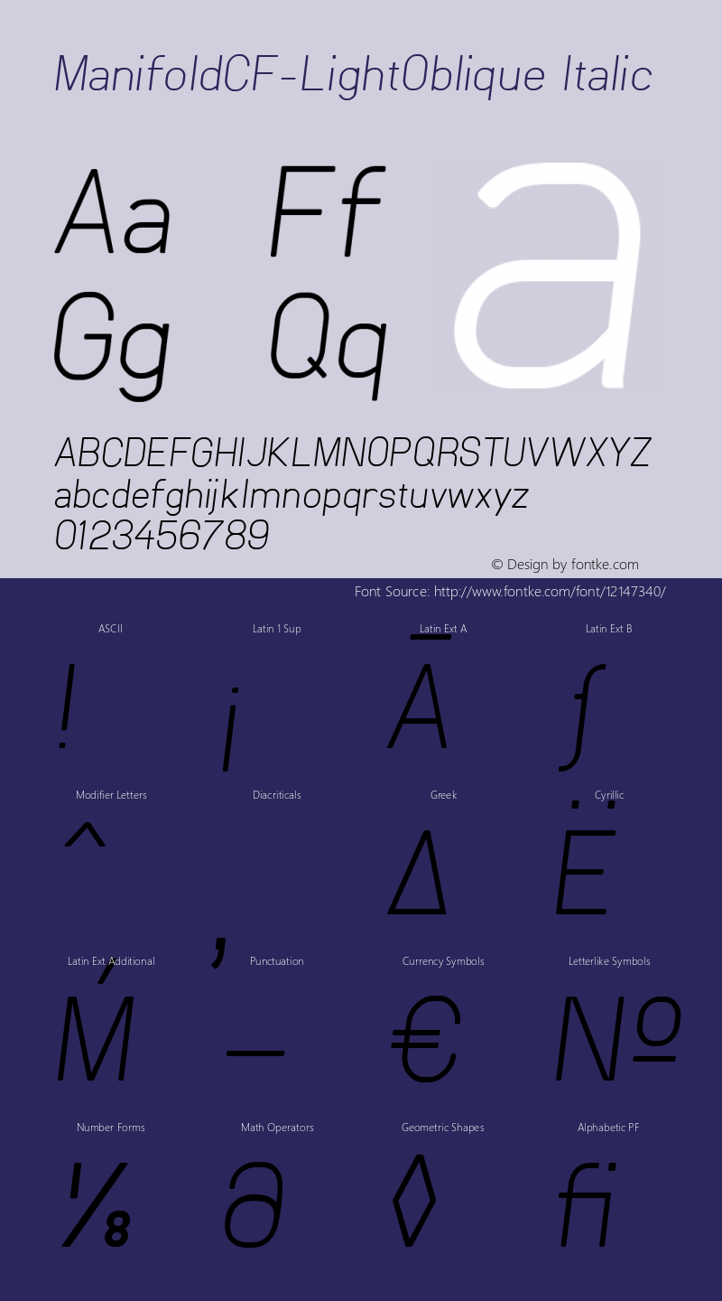 ManifoldCF-LightOblique Italic Version 1.008;PS 001.008;hotconv 1.0.70;makeotf.lib2.5.58329 Font Sample