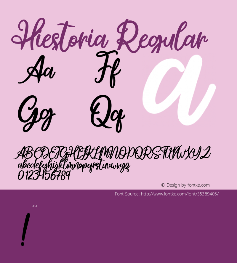 Hiestoria Version 1.00;July 26, 2019;FontCreator 11.5.0.2422 32-bit Font Sample