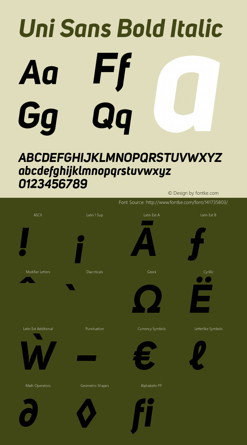 Uni Sans Bold Italic Version 1.029;PS 001.029;hotconv 1.0.88;makeotf.lib2.5.64775 Font Sample