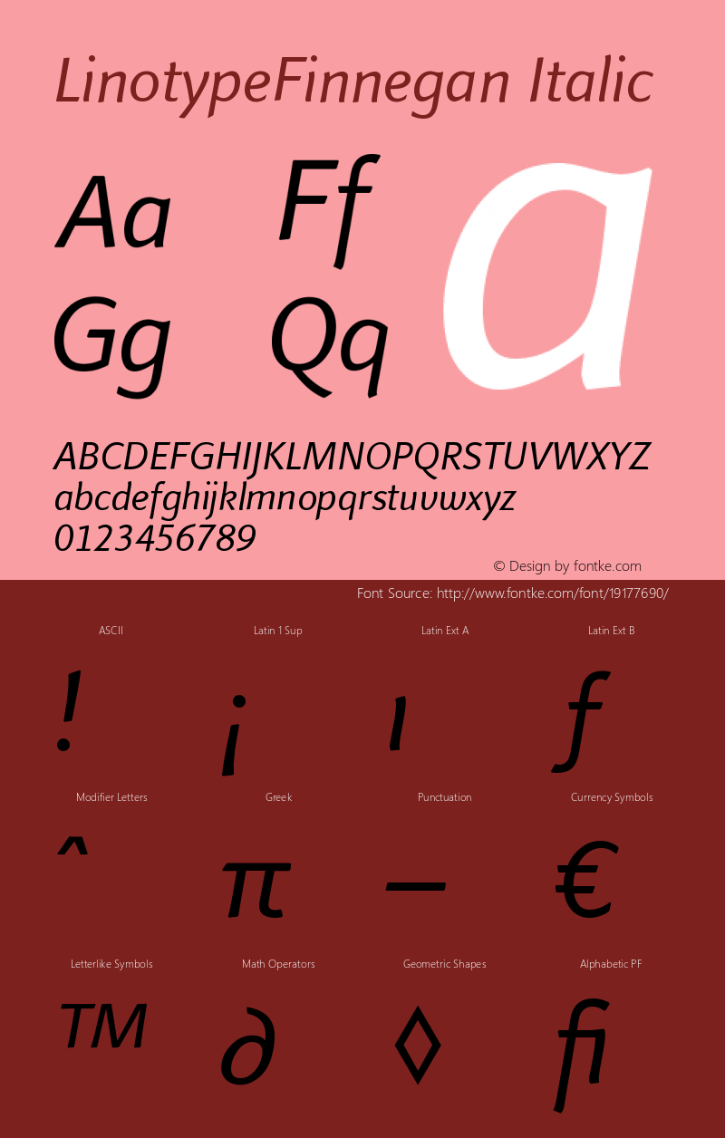 LinotypeFinnegan-Italic Version 005.000 Font Sample