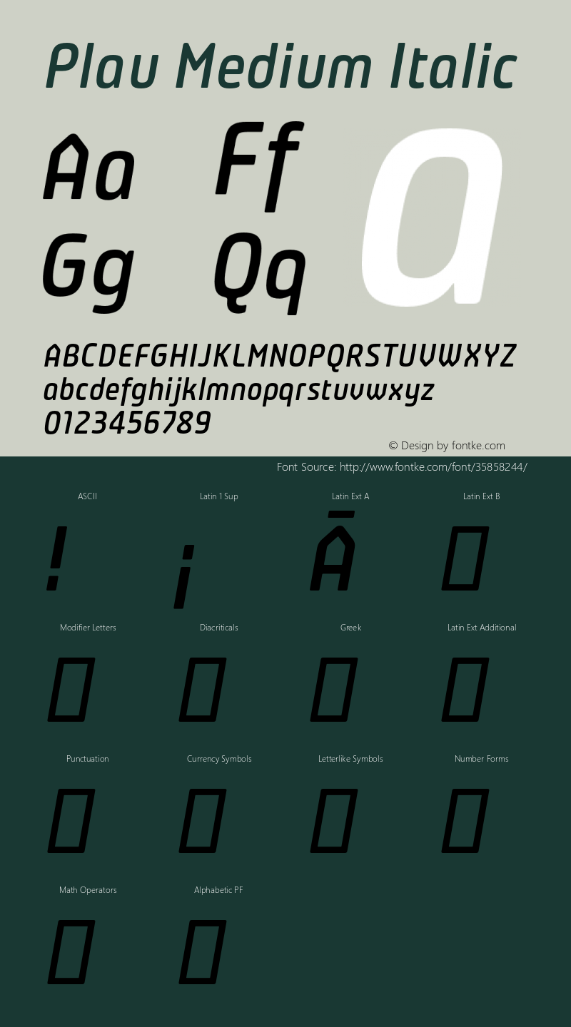 Plau-MediumItalic Version 2.001;PS 002.001;hotconv 1.0.70;makeotf.lib2.5.58329;com.myfonts.niramekko.plau-italics.medium.wfkit2.46eA Font Sample