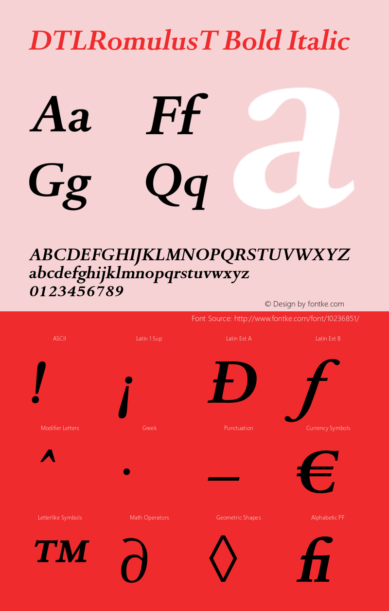 DTLRomulusT Bold Italic 001.001 Font Sample