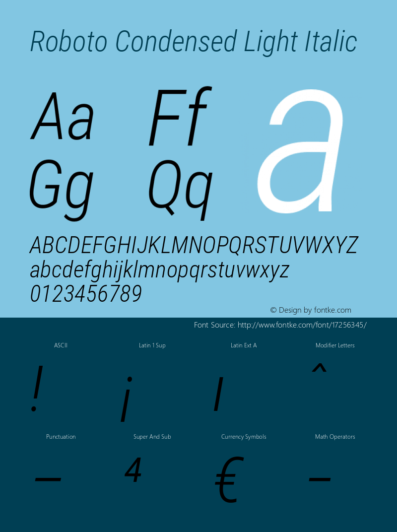 Roboto Condensed Light Italic Version 2.001240; 2014 Font Sample