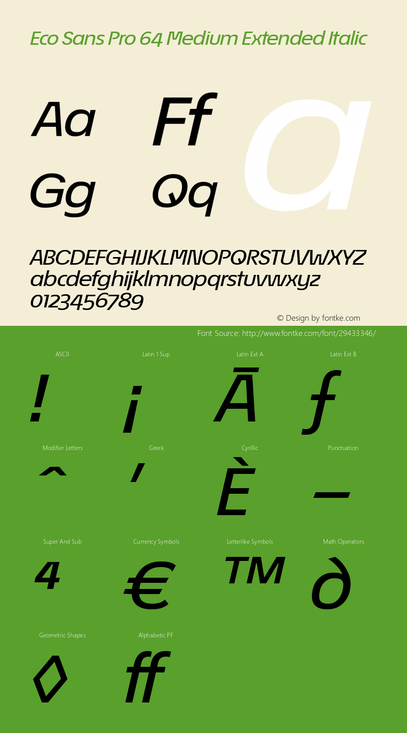 Éco Sans Pro 64 Medium Extended Italic Version 3.009 Font Sample