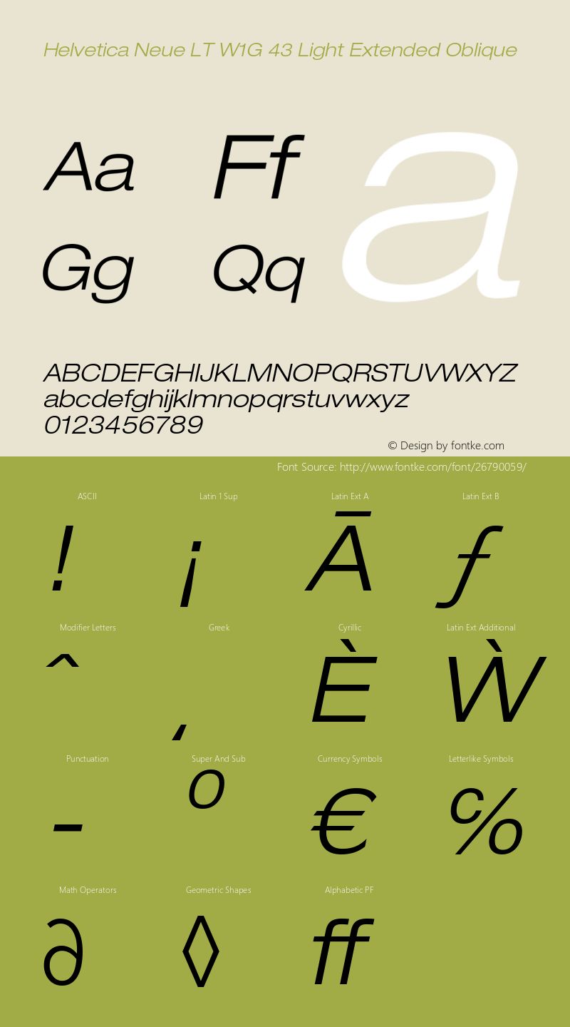 HelveticaNeueLT W1G 43 LtEx Italic Version 2.000 Build 1000 Font Sample