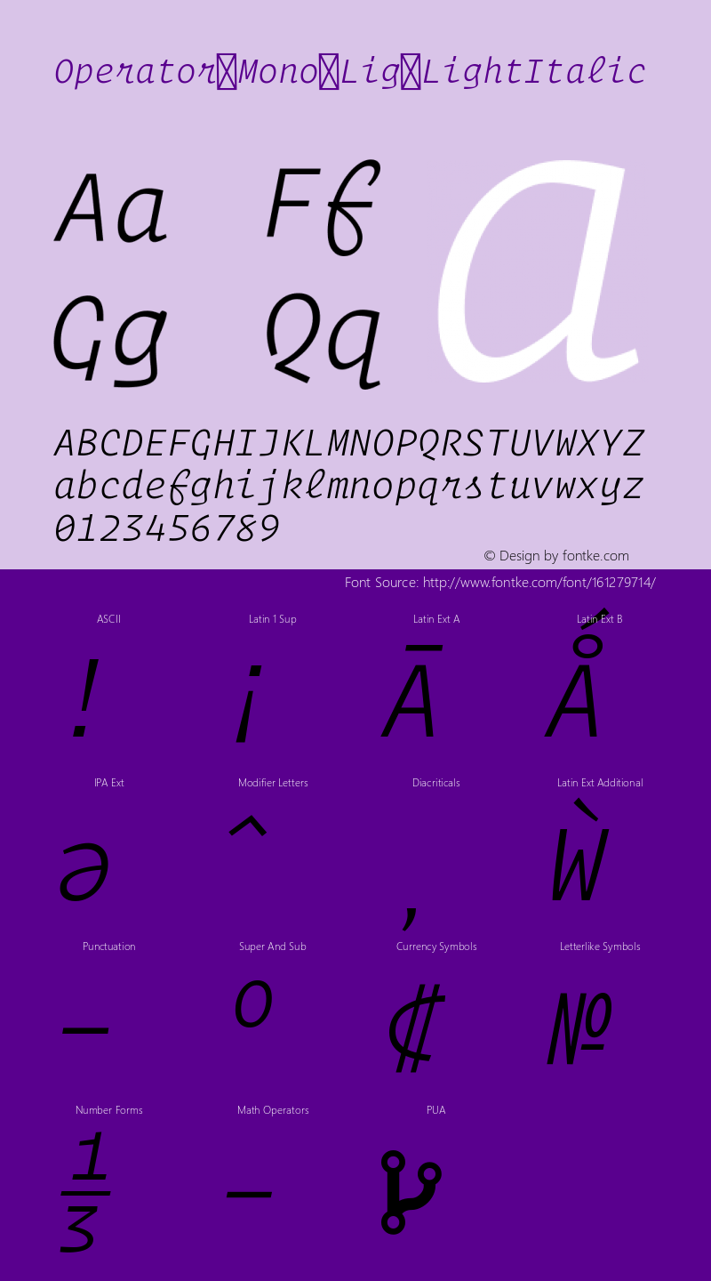 OperatorMonoLig-LightItalic Version 1.0 Font Sample