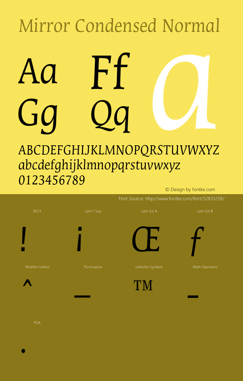 MirrorCondensedNormal Altsys Fontographer 4.1 1/8/95 {DfLp-URBC-66E7-7FBL-FXFA} Font Sample