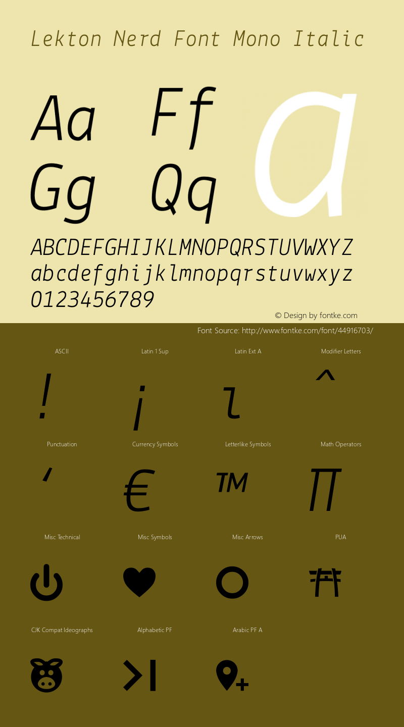 Lekton-Italic Nerd Font Complete Mono Version 3.000 Font Sample