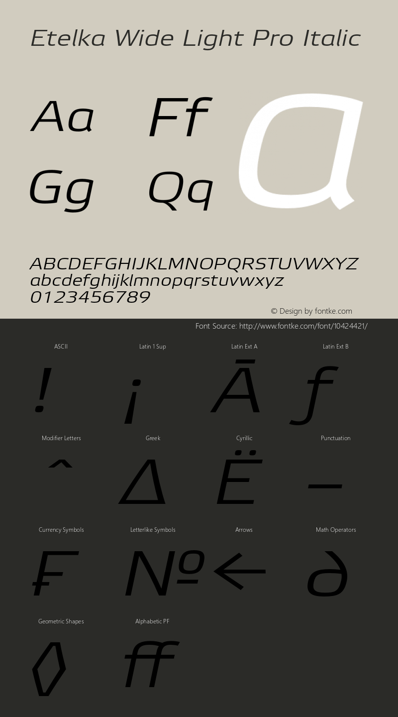Etelka Wide Light Pro Italic Version 1.000 2005 initial release Font Sample