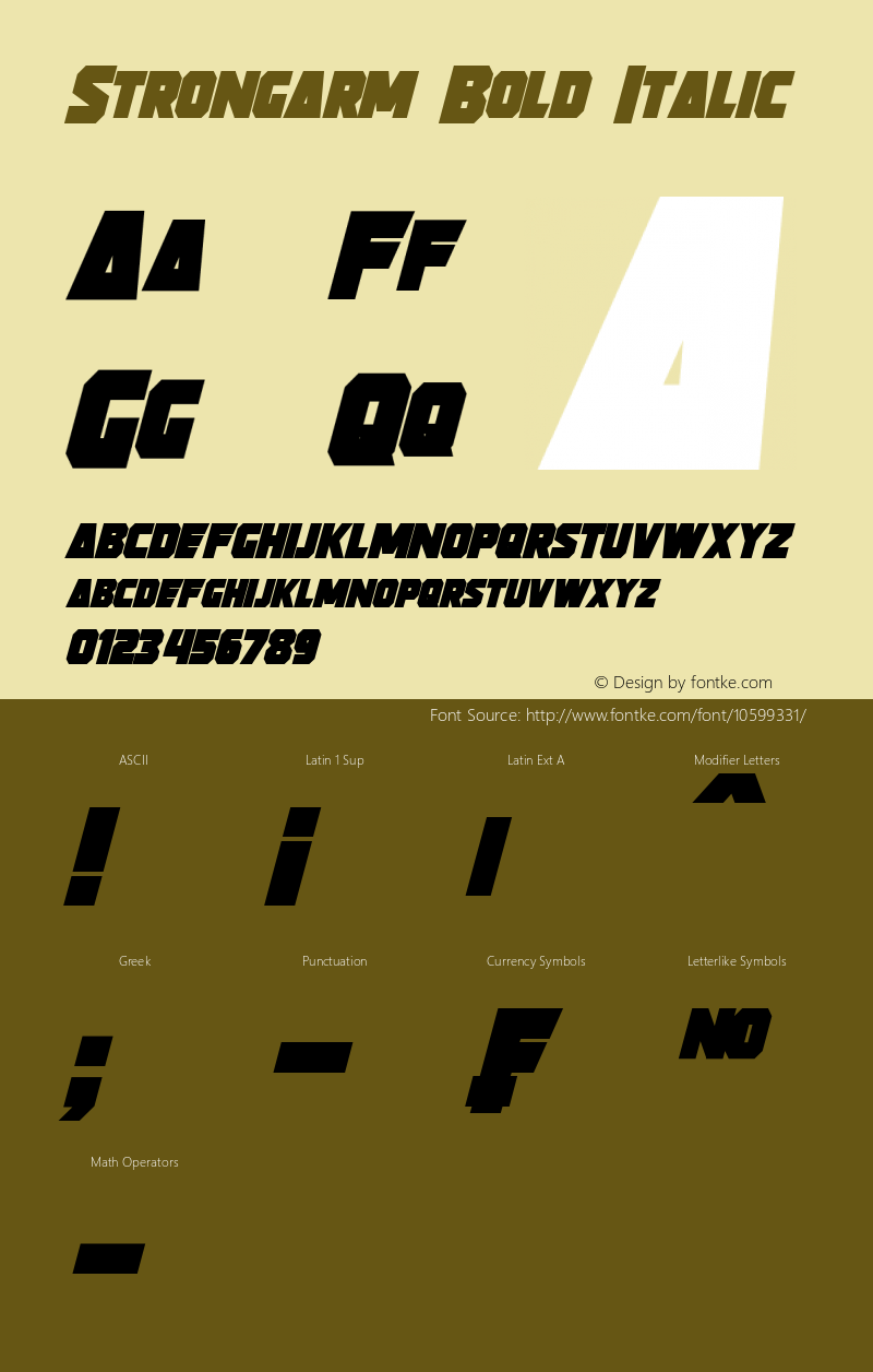 Strongarm Bold Italic Version 1.00 October 7, 2014, initial release Font Sample