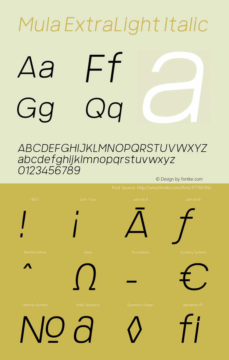 Mula-ExtraLightItalic Version 1.000 Font Sample