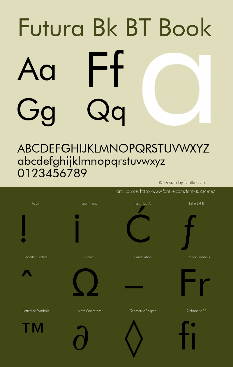 Futura Bk BT Book Version 1.01 emb4-OT Font Sample