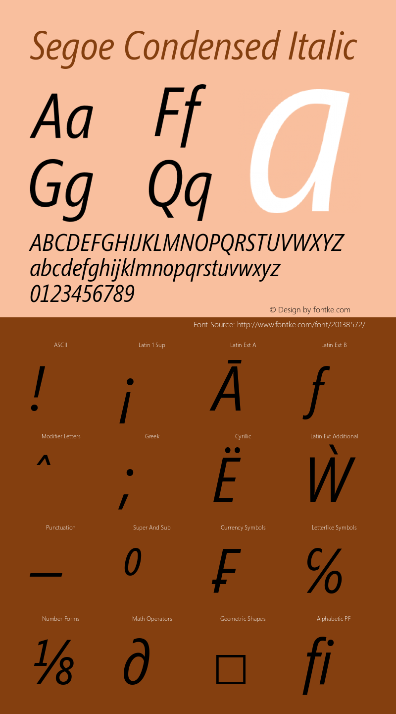 Segoe Condensed Italic Version 2.21 Font Sample