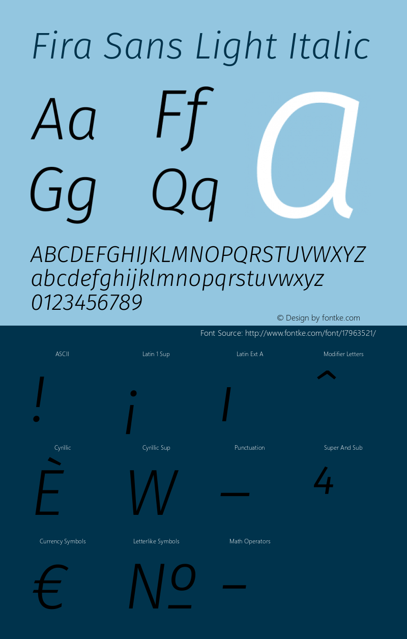 Fira Sans Light Italic Version 3.108;PS 003.108;hotconv 1.0.70;makeotf.lib2.5.58329 Font Sample