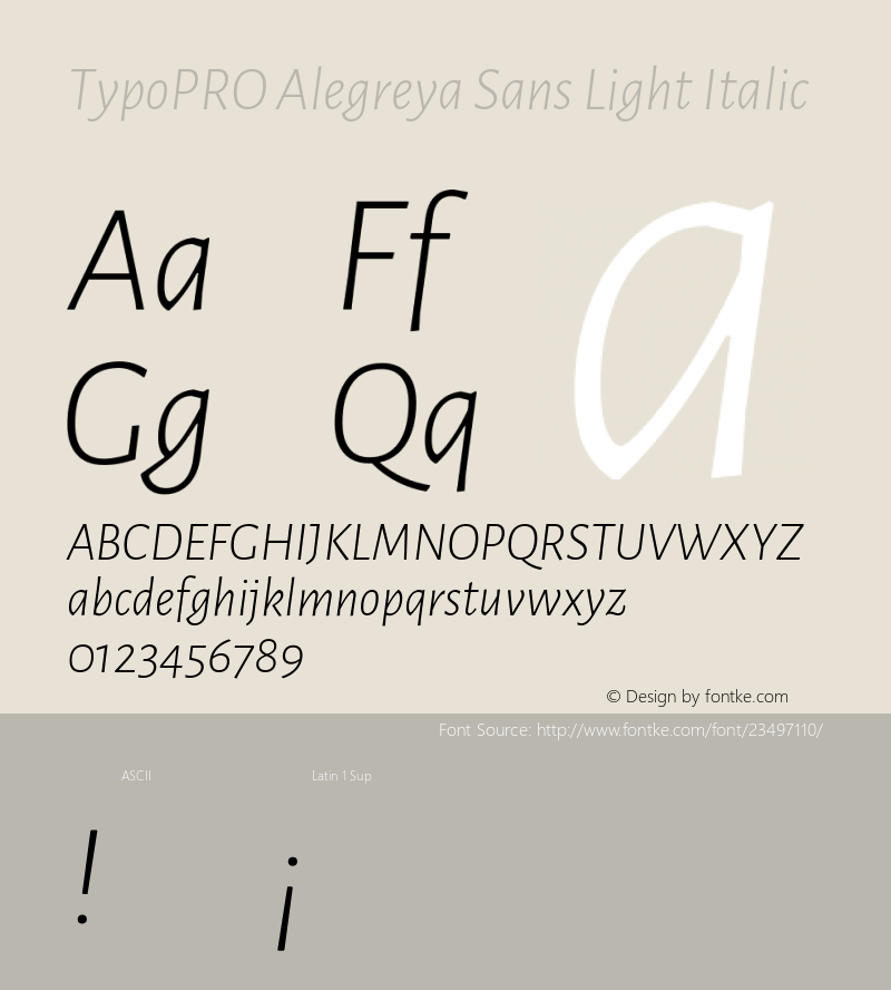 TypoPRO Alegreya Sans Light Italic Version 1.001;PS 001.001;hotconv 1.0.70;makeotf.lib2.5.58329 DEVELOPMENT; ttfautohint (v0.97) -l 8 -r 50 -G 200 -x 17 -f dflt -w G -W Font Sample