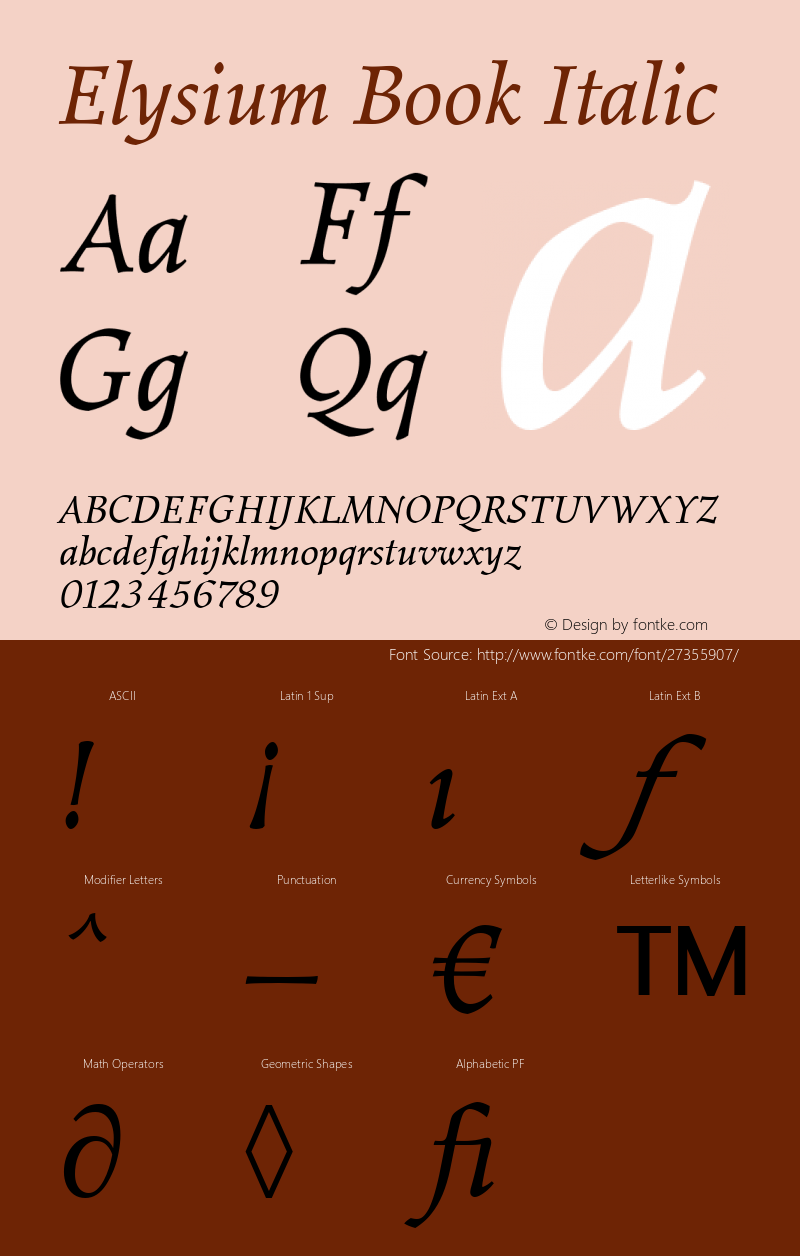 Elysium Book Italic Version 1.00 Font Sample