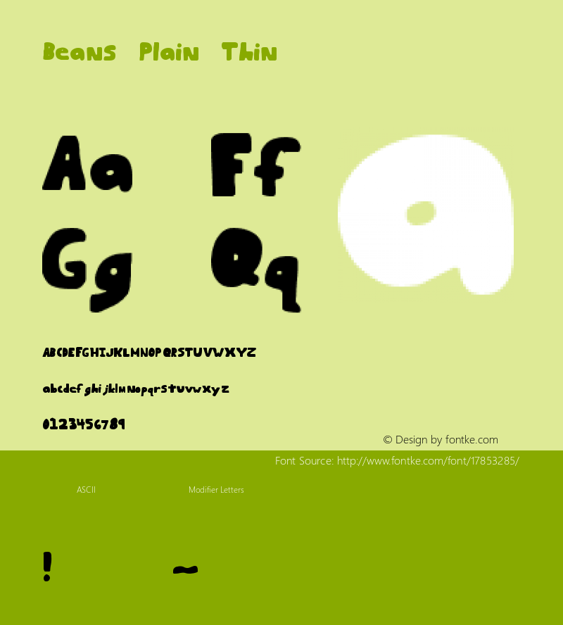 Beans Plain Thin Version 1998; 1.0, initial r Font Sample