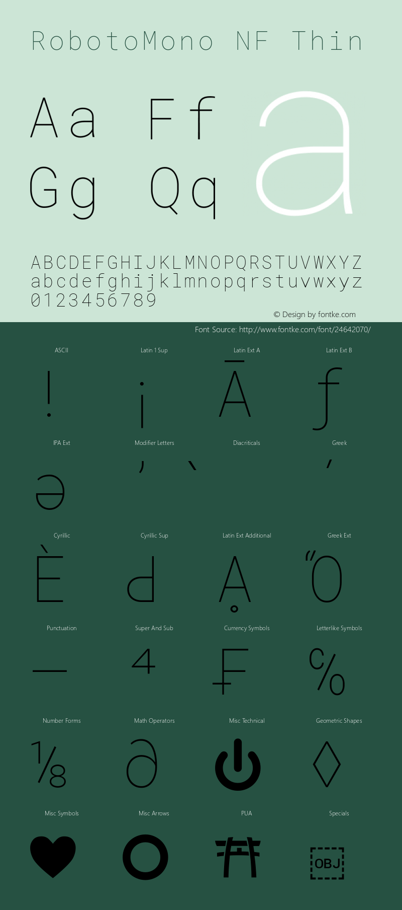 Roboto Mono Thin Nerd Font Complete Mono Windows Compatible Version 2.000986; 2015; ttfautohint (v1.3) Font Sample