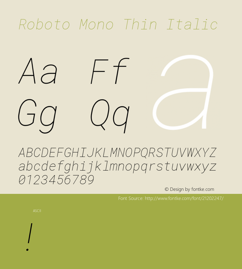 Roboto Mono Thin Italic  Font Sample