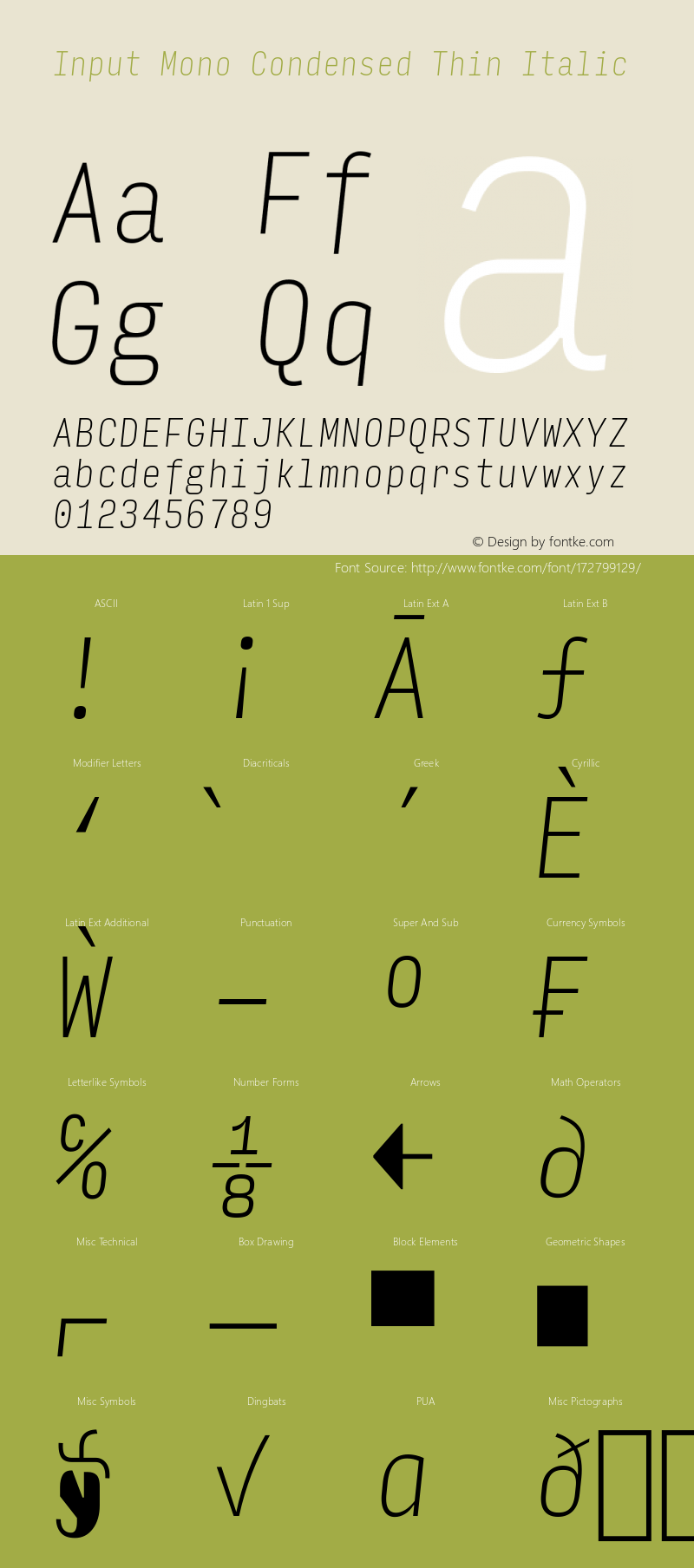 InputMonoCondensed ThinIta Version 0.000;PS 0.0;hotconv 1.0.72;makeotf.lib2.5.5900; ttfautohint (v0.9)图片样张