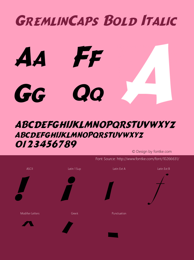 GremlinCaps Bold Italic Macromedia Fontographer 4.1 7/1/96 Font Sample