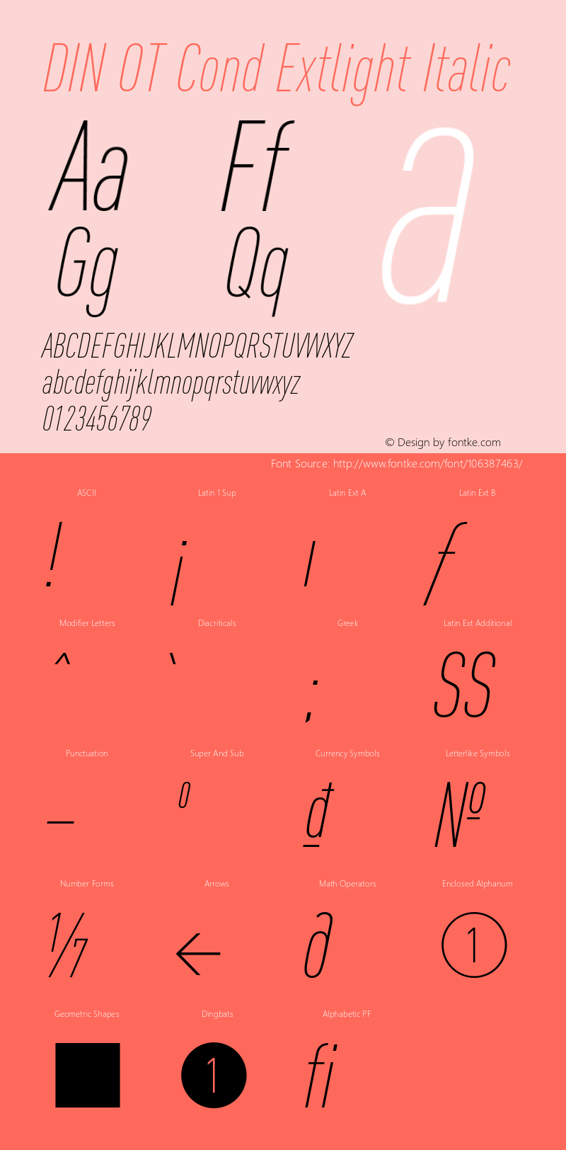 DIN OT Cond Extlight Italic Version 7.601, build 1030, FoPs, FL 5.04 Font Sample